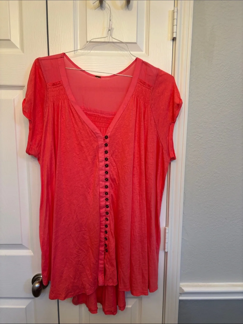 Free People Coral Pink Short Sleeve Button Tunic